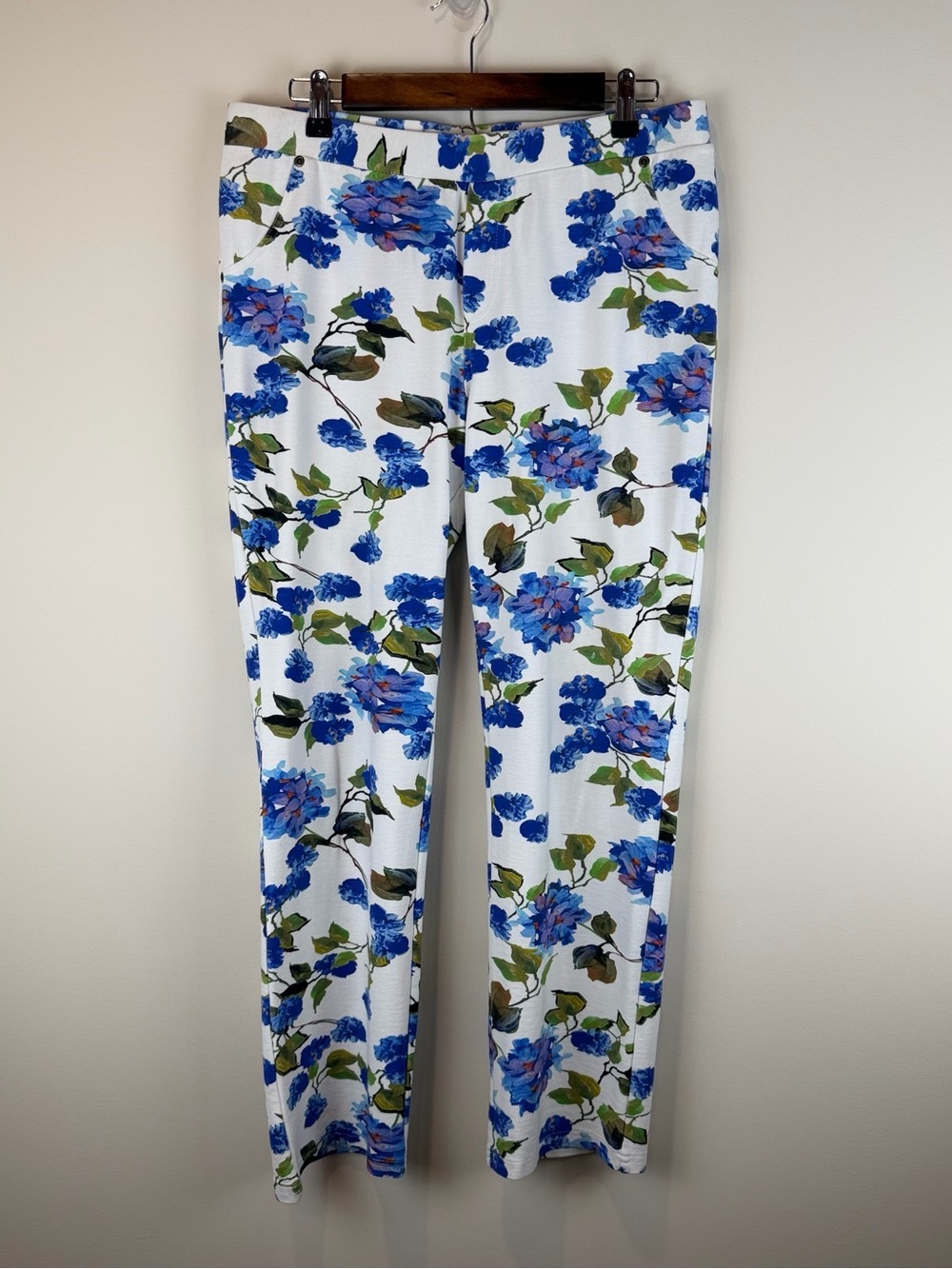 Lena Gabrielle Floral Stretch Leggings Pants in Blue on White Size 14